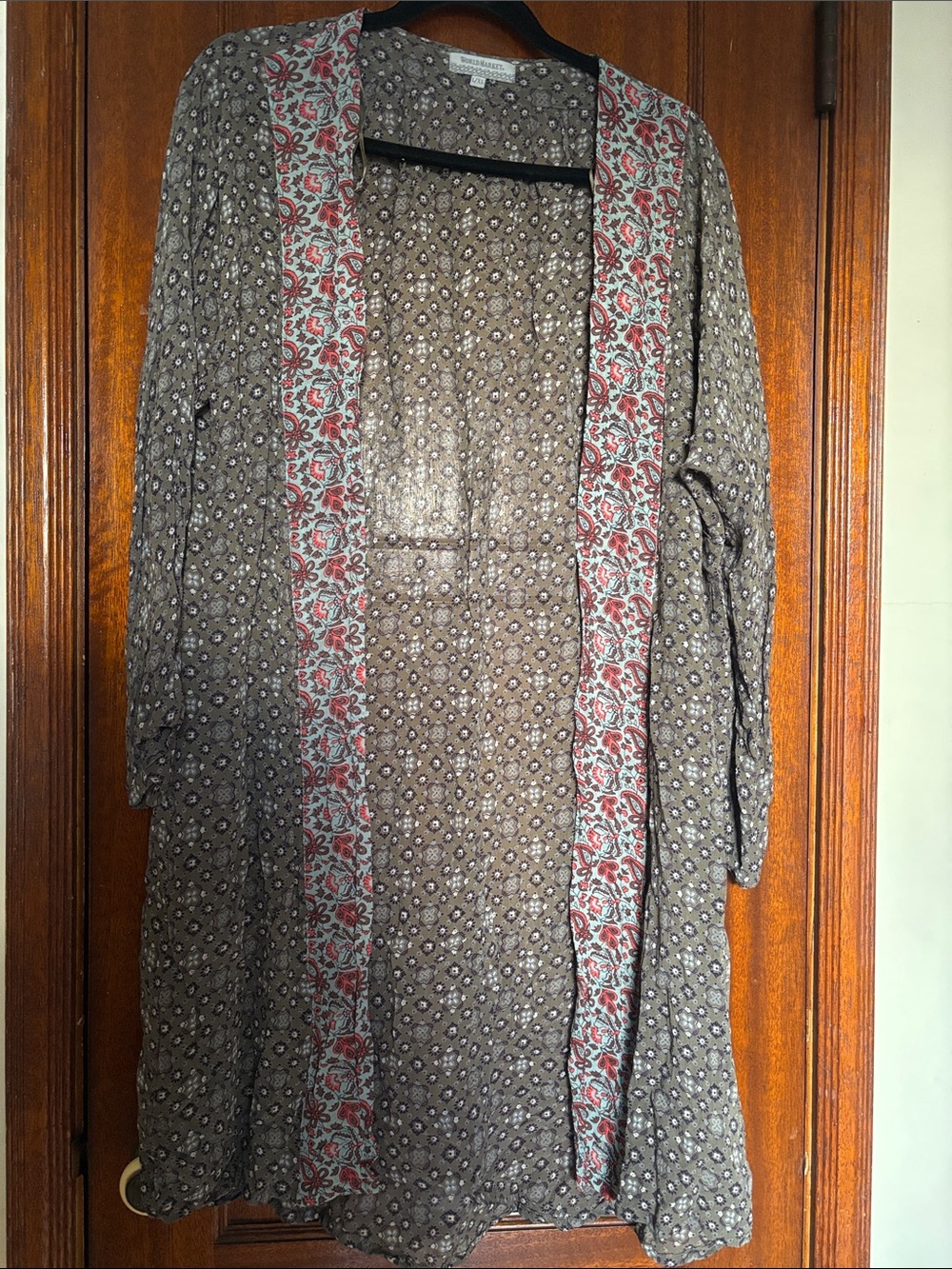 Cost Plus World Market Brown Floral Pattern Open Kimono with Red Trim